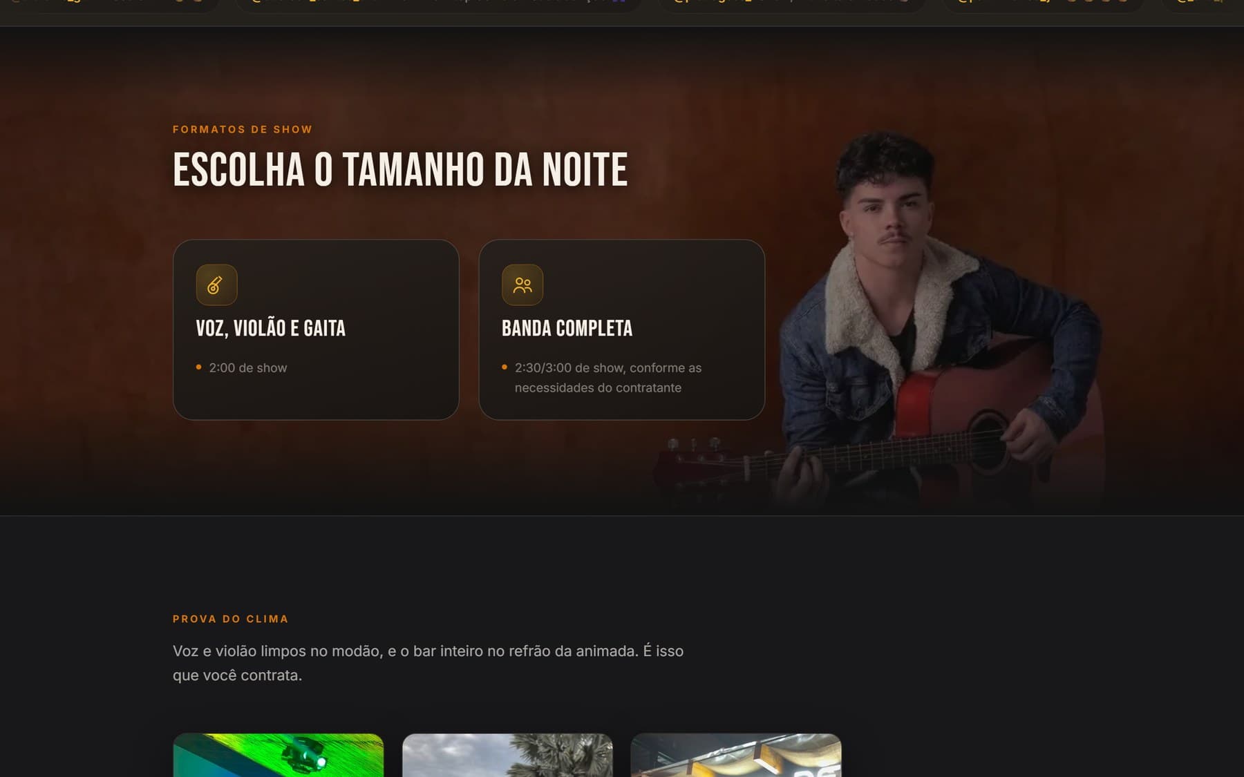 Seção de formatos de show do site do Fanuel Henrique, com voz e violão e banda completa, cada um com a duração